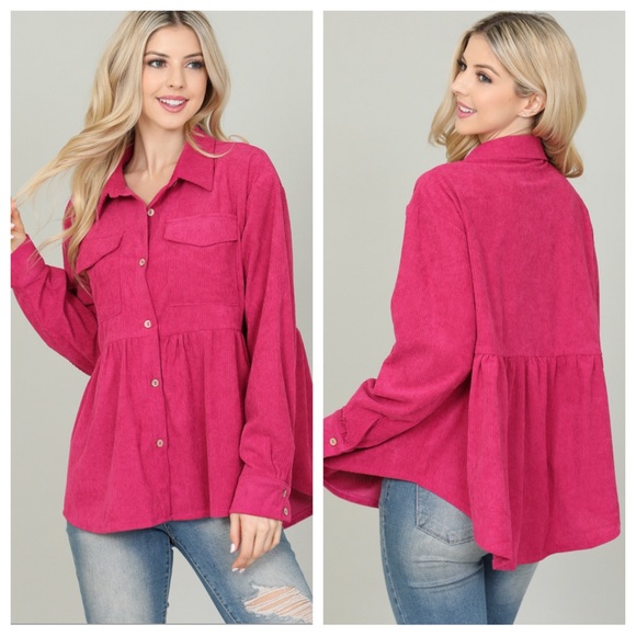 Tops - Magenta corduroy button up peplum hem top